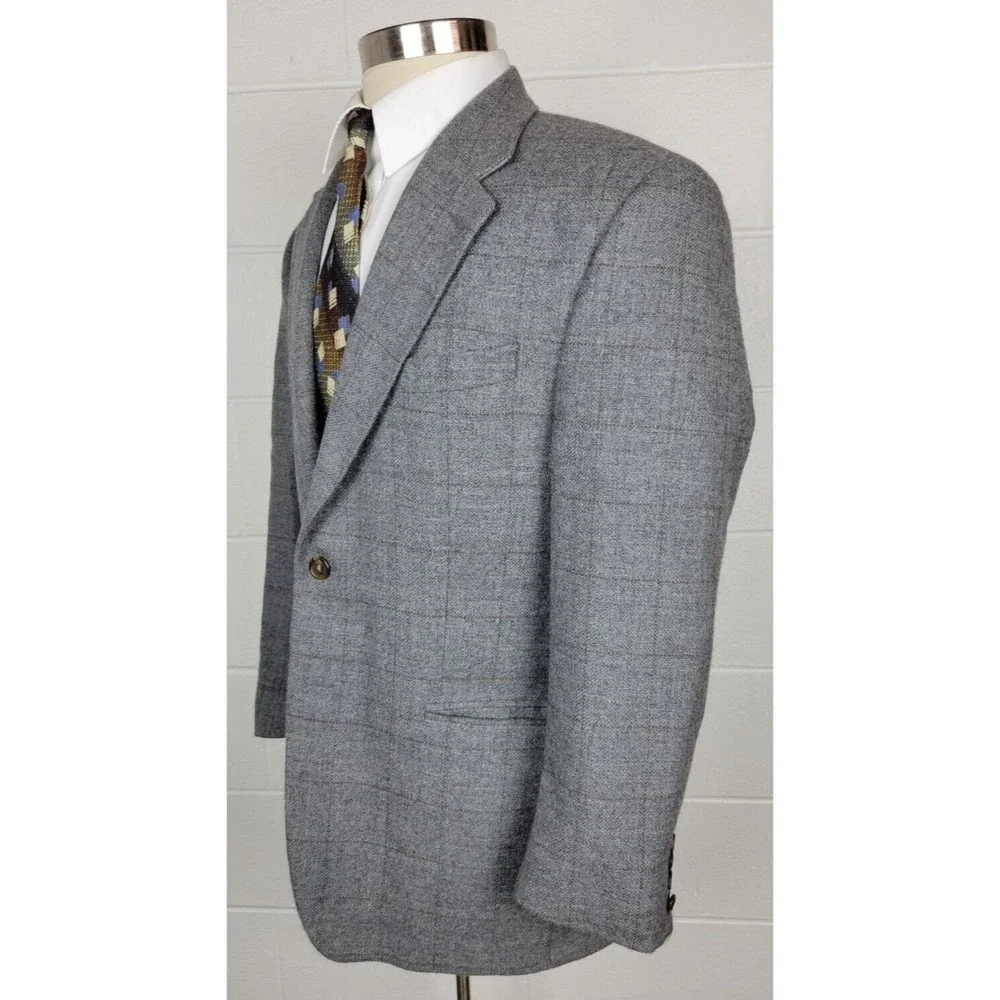 Vtg Chaps Ralph Lauren Alpaca & Wool Gray Windowpane Sport Coat‎ Jacket 42R